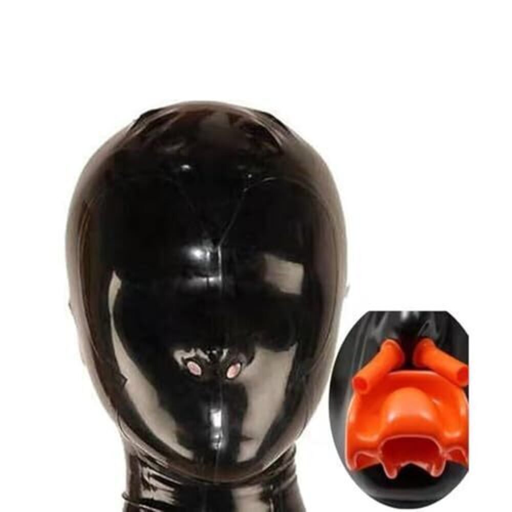 5131 Latex Mask Black Hood Braces 15cm Nasal tube Sealed nostril Zipper